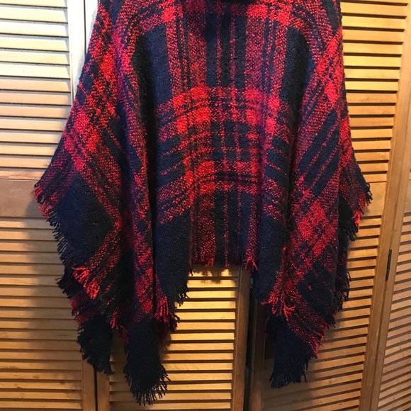 Navy Blue and Red Plaid Turtleneck Poncho - Picture 9 of 12